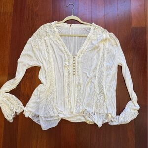 Free People Cream Lace-Trim Peasant Blouse